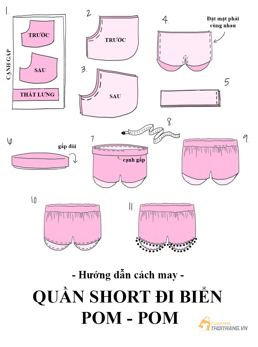 Hướng dẫn cách may quần short đi biển Pom -Pom